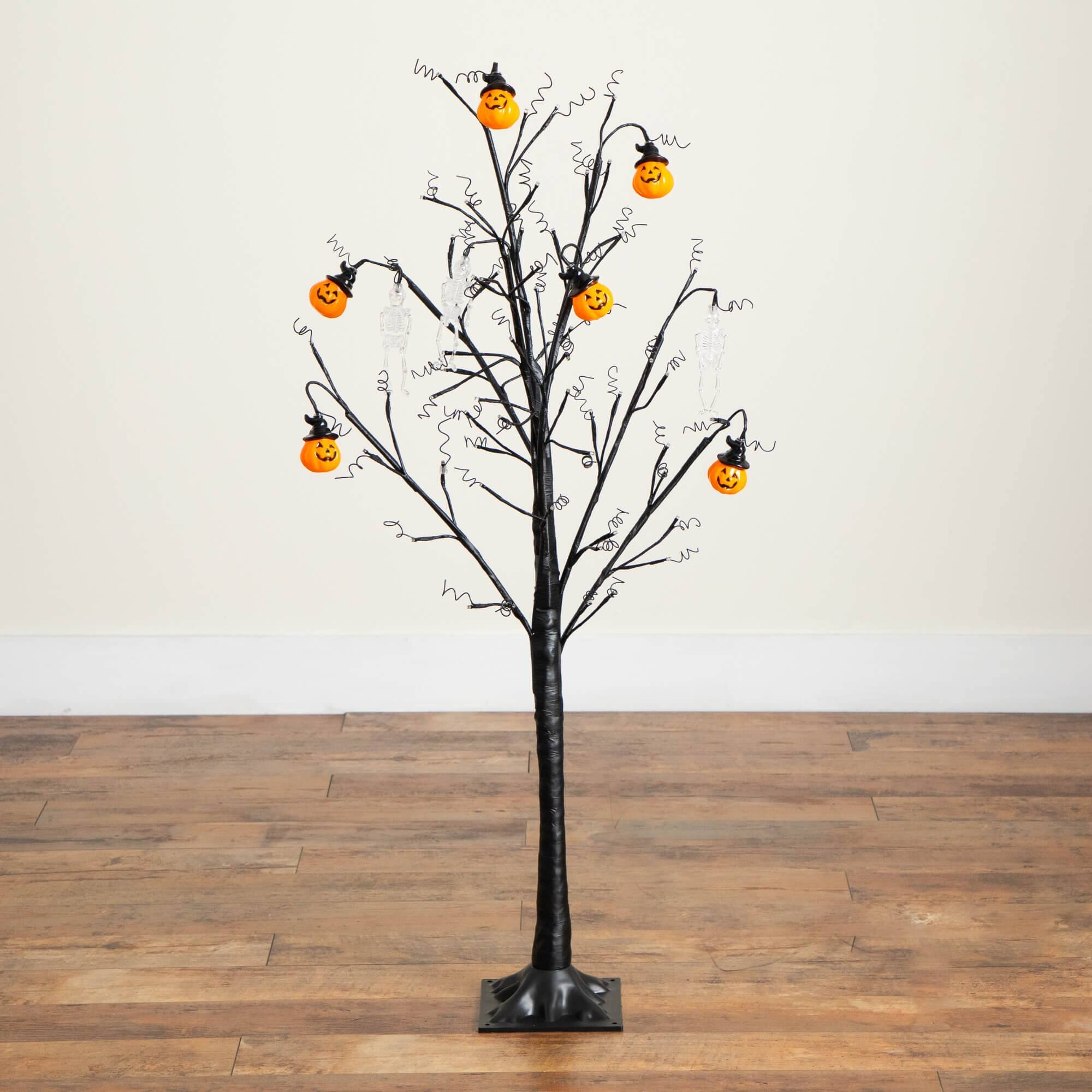 4ft. Pre-Lit Artificial Halloween Pumpkins and Skulls Ornament Tree with 64 Warm White LED Lights